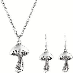 Mushroom Necklace & Earrings 3pc Set Dangle Silver Boho Wonderland Trippy Trendy